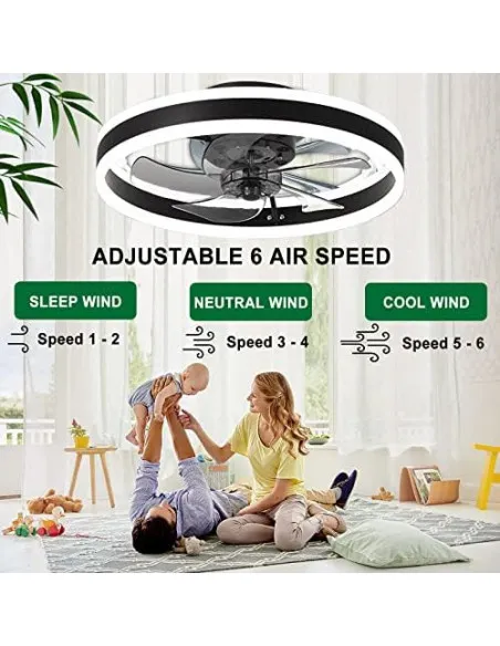 Ventilator de Tavan LED OMGPFR cu Lumină Dimmabilă, Telecomandă, 6 Viteze, Reversibil, 24W, Negru, 50 cm