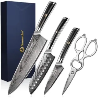Sunnecko – Set 4 Cuțite de Bucătărie Damascus cu Foarfece și Cutie Cadou, Oțel VG-10, Mâner Full-Tang