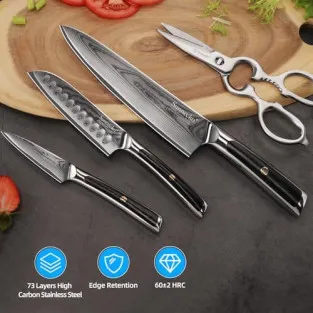 Sunnecko – Set 4 Cuțite de Bucătărie Damascus cu Foarfece și Cutie Cadou, Oțel VG-10, Mâner Full-Tang 2