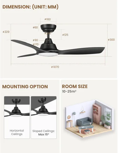 Ventilator de Tavan CJOY cu Lumină și Telecomandă, 3 Palete din Lemn – Ø107cm