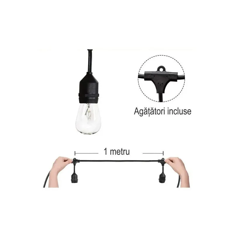 Ghirlanda Luminoasa, 10 Metri cu 20 Becuri, interconectabila, 2 filamente pe bec, 220V, alb cald