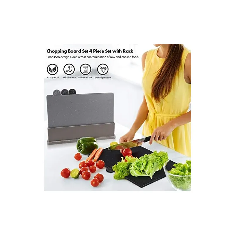 MASTERTOP Set 4 Tocătoare din Plastic pentru Bucătărie cu Suport Organizator și Rack de Scurgere, Fără BPA, Antiderapante, Lavab