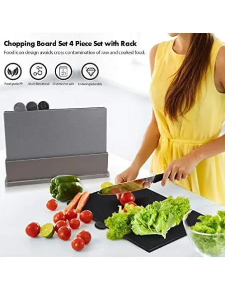 MASTERTOP Set 4 Tocătoare din Plastic pentru Bucătărie cu Suport Organizator și Rack de Scurgere, Fără BPA, Antiderapante, Lavab