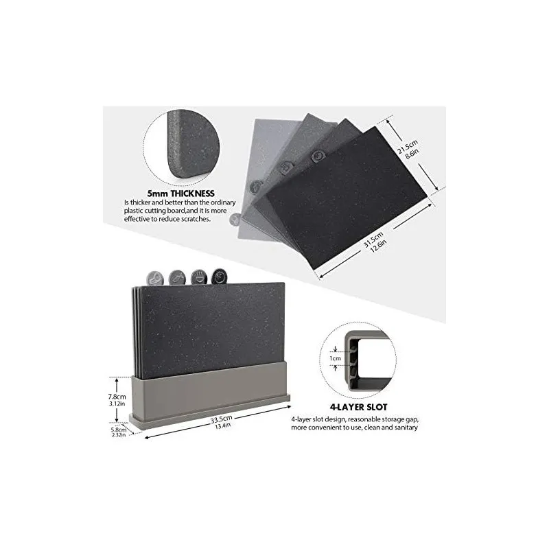 MASTERTOP Set 4 Tocătoare din Plastic pentru Bucătărie cu Suport Organizator și Rack de Scurgere, Fără BPA, Antiderapante, Lavab