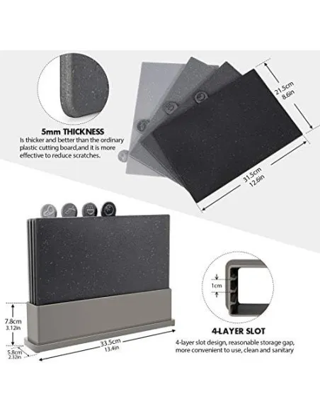 MASTERTOP Set 4 Tocătoare din Plastic pentru Bucătărie cu Suport Organizator și Rack de Scurgere, Fără BPA, Antiderapante, Lavab