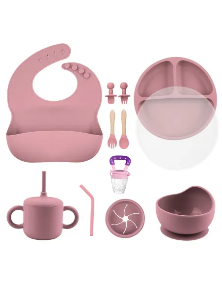 Set de Hrănire pentru Bebeluși – Bol cu Ventuză, Farfurii, Baveță și Lingurițe – Roz