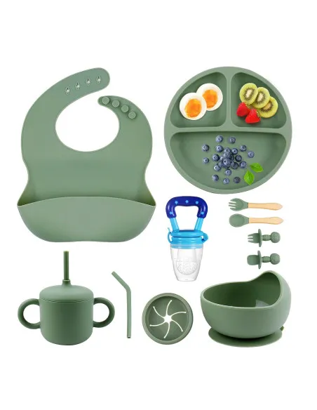Set de Hrănire pentru Bebeluși cu 13 piese din silicon – Bol cu Ventuză, Farfurii, Baveță și Lingurițe, Suzeta pentru fructe