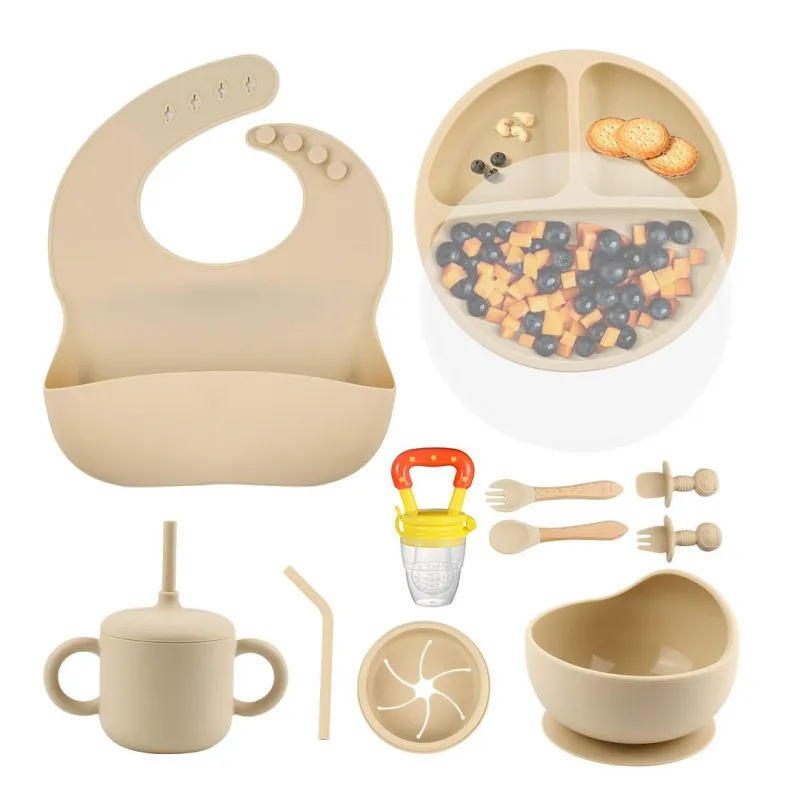 Set de Hrănire pentru Bebeluși cu 13 piese din silicon – Bol cu Ventuză, Farfurii, Baveță și Lingurițe, Suzeta pentru fructe