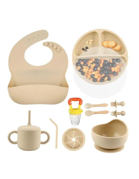 Set de Hrănire pentru Bebeluși cu 13 piese din silicon – Bol cu Ventuză, Farfurii, Baveță și Lingurițe, Suzeta pentru fructe