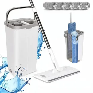 Set de mop MASTERTOP cu găleată, mop plat pentru podea cu mâner reglabil de 140 cm și 6 rezerve de mop din microfibră, găleată d