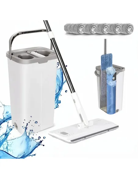 Set de mop MASTERTOP cu găleată, mop plat pentru podea cu mâner reglabil de 140 cm și 6 rezerve de mop din microfibră, găleată d