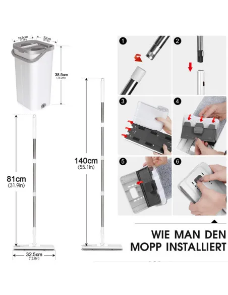 Set de mop MASTERTOP cu găleată, mop plat pentru podea cu mâner reglabil de 140 cm și 6 rezerve de mop din microfibră, găleată d
