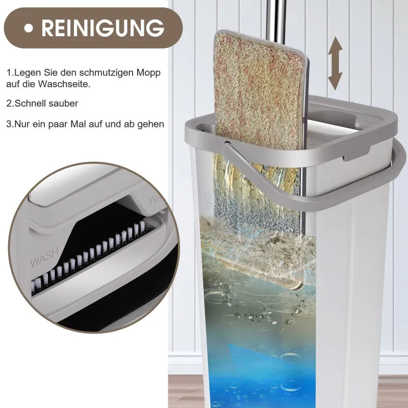 Set de mop MASTERTOP cu găleată, mop plat pentru podea cu mâner reglabil de 140 cm și 6 rezerve de mop din microfibră, găleată d