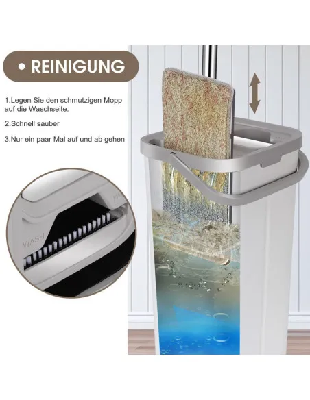 Set de mop MASTERTOP cu găleată, mop plat pentru podea cu mâner reglabil de 140 cm și 6 rezerve de mop din microfibră, găleată d