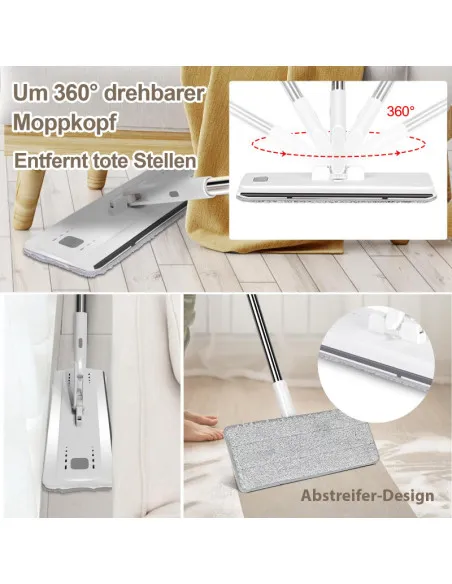 Set de mop MASTERTOP cu găleată, mop plat pentru podea cu mâner reglabil de 140 cm și 6 rezerve de mop din microfibră, găleată d