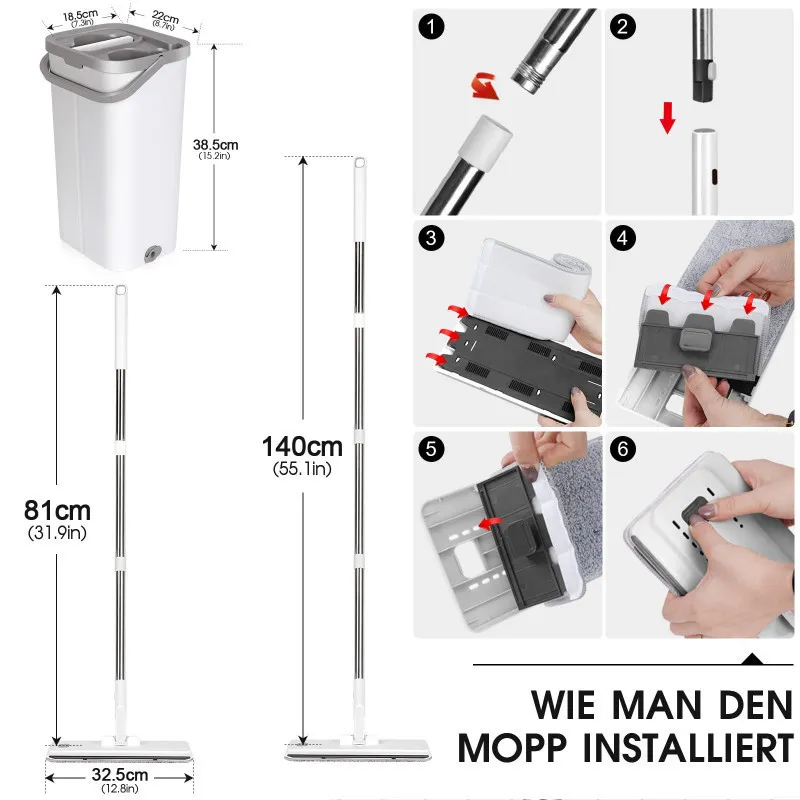 Set de mop MASTERTOP cu găleată, mop plat pentru podea cu mâner reglabil de 140 cm și 6 rezerve de mop din microfibră, găleată d