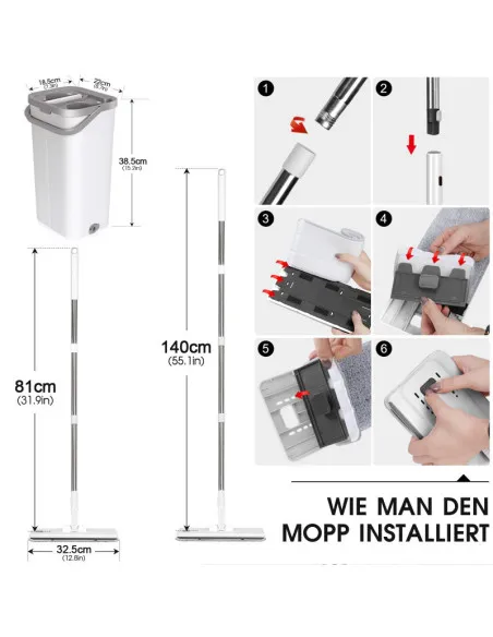 Set de mop MASTERTOP cu găleată, mop plat pentru podea cu mâner reglabil de 140 cm și 6 rezerve de mop din microfibră, găleată d