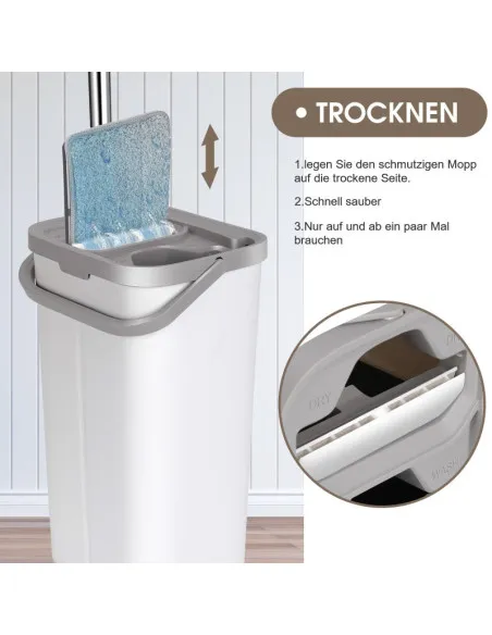 Set de mop MASTERTOP cu găleată, mop plat pentru podea cu mâner reglabil de 140 cm și 6 rezerve de mop din microfibră, găleată d