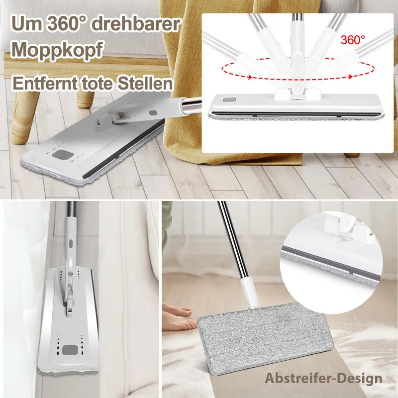 Set de mop MASTERTOP cu găleată, mop plat pentru podea cu mâner reglabil de 140 cm și 6 rezerve de mop din microfibră, găleată d