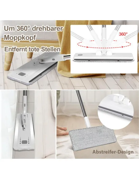 Set de mop MASTERTOP cu găleată, mop plat pentru podea cu mâner reglabil de 140 cm și 6 rezerve de mop din microfibră, găleată d