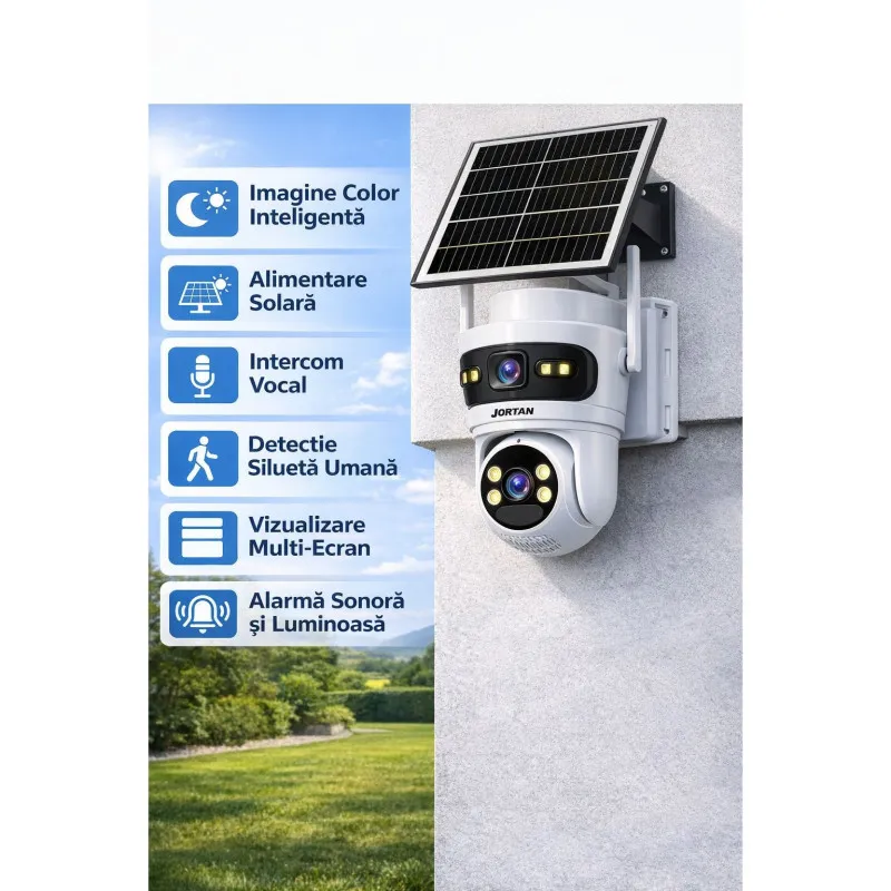Camera Supraveghere 4G Solar JORTAN JT-9682, 6MP, Panou Solar 7.5W, Vedere Nocturna Color, Alarma Inteligenta, Type-C, Alb