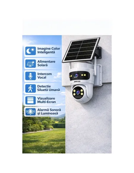 Camera Supraveghere 4G Solar JORTAN JT-9682, 6MP, Panou Solar 7.5W, Vedere Nocturna Color, Alarma Inteligenta, Type-C, Alb