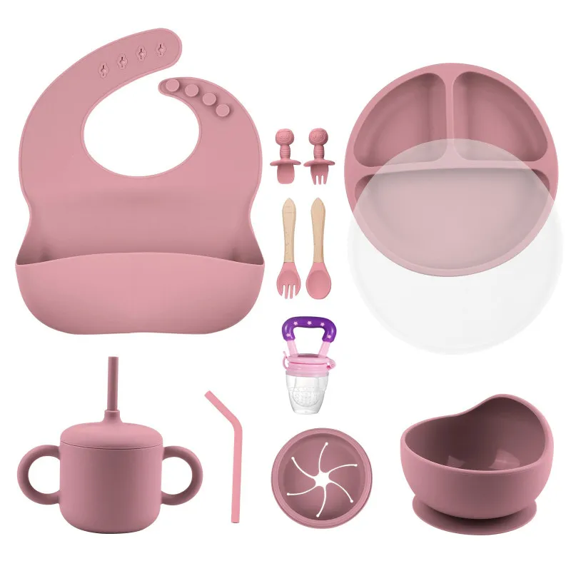 Set de Hrănire pentru Bebeluși – Bol cu Ventuză, Farfurii, Baveță și Lingurițe – Roz