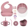 Set de Hrănire pentru Bebeluși – Bol cu Ventuză, Farfurii, Baveță și Lingurițe – Roz