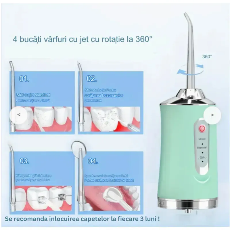 Irigator Bucal Portabil cu 3 Niveluri de Presiune, 4 Capete – Curățare 360° pentru Dinți și Gingii