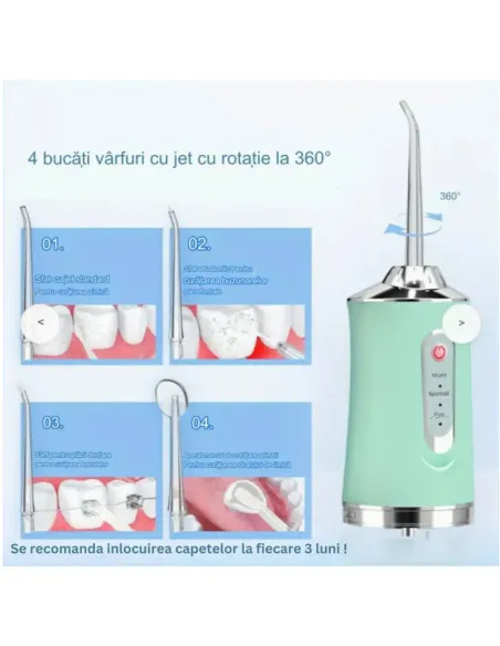 Irigator Bucal Portabil cu 3 Niveluri de Presiune, 4 Capete – Curățare 360° pentru Dinți și Gingii