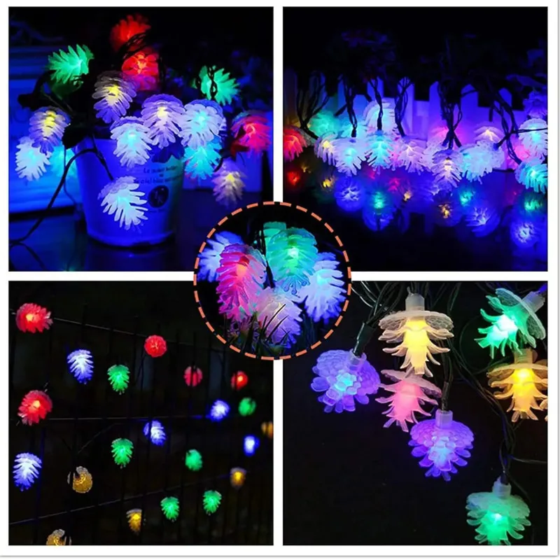 Instalatie solara cu Conuri de brad, 50 LED-uri, multicolor, 8 jocuri de lumini, 5m