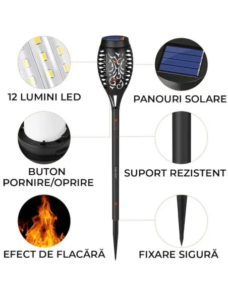 Set 4x lampa solara tip torta cu efect de flacara falsa, 51cm, rezistente la intemperii, IP65