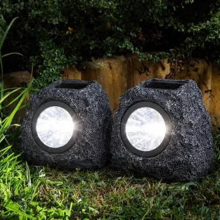 Set 2 Lămpi Solare Decorative cu Aspect de Piatră, LED, Senzor Lumină