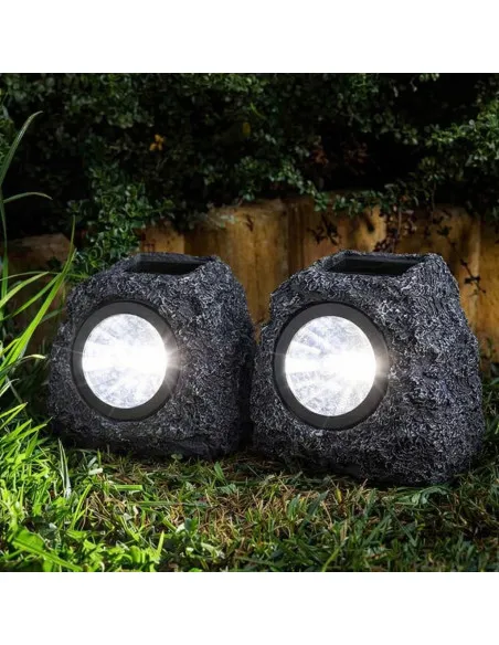 Set 2 Lămpi Solare Decorative cu Aspect de Piatră, LED, Senzor Lumină