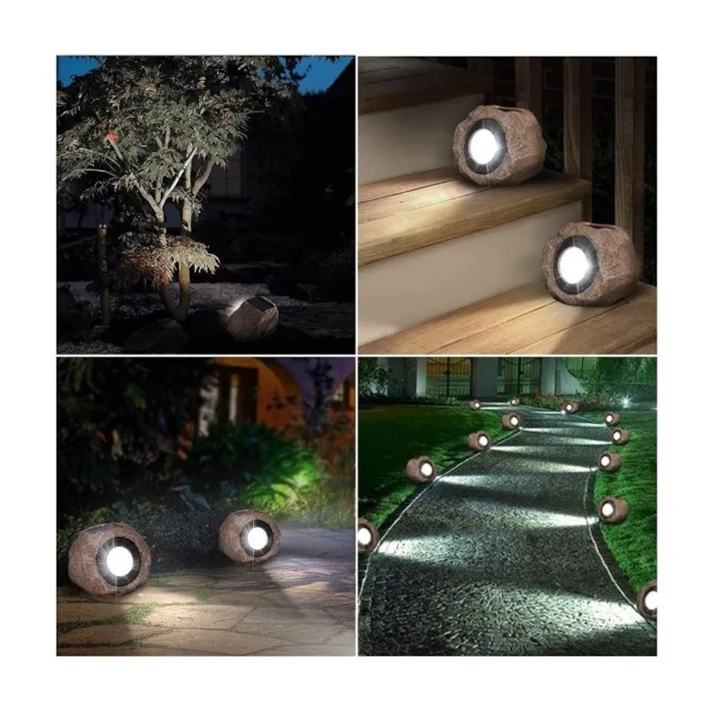 Set 2 Lămpi Solare Decorative cu Aspect de Piatră, LED, Senzor Lumină