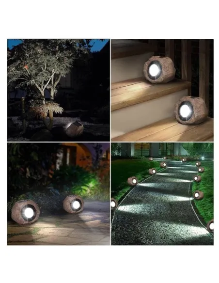 Set 2 Lămpi Solare Decorative cu Aspect de Piatră, LED, Senzor Lumină