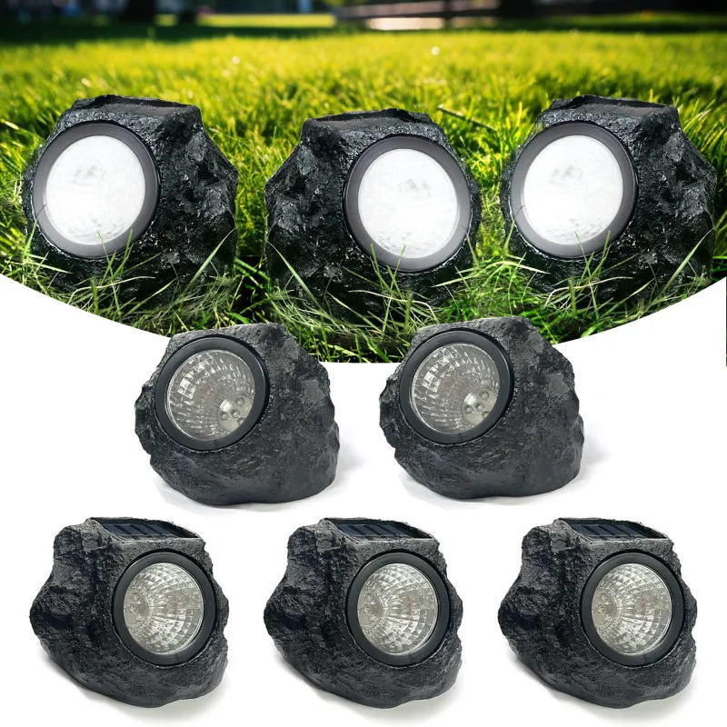 Set 2 Lămpi Solare Decorative cu Aspect de Piatră, LED, Senzor Lumină