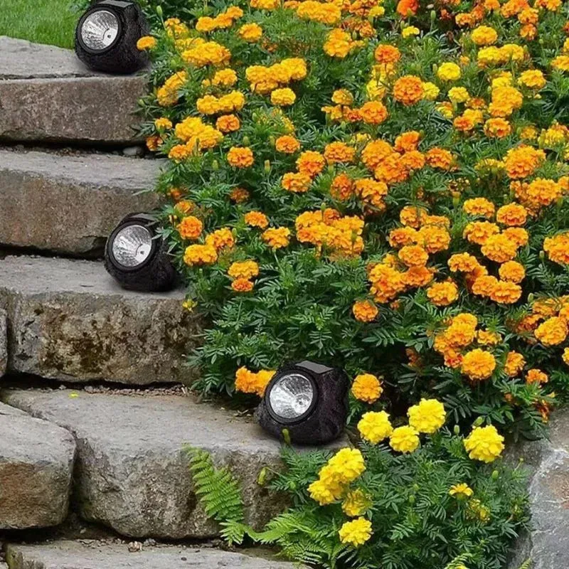 Set 2 Lămpi Solare Decorative cu Aspect de Piatră, LED, Senzor Lumină