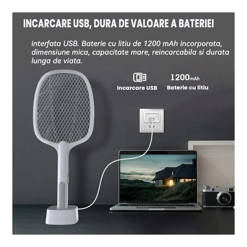 Paletă Electrică Anti-Insecte Reîncărcabilă USB, 3000V, 1200mAh