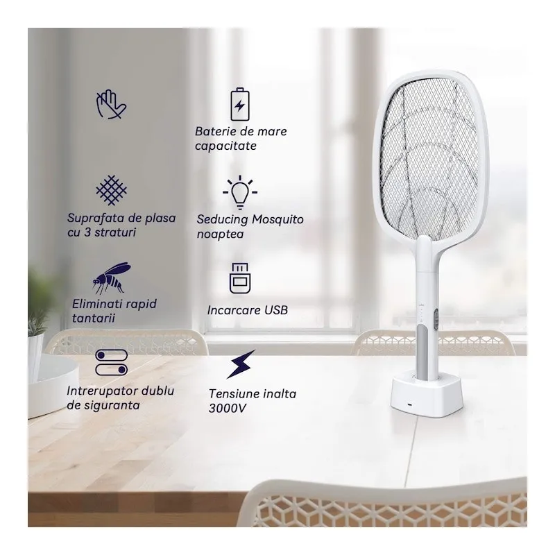 Paletă Electrică Anti-Insecte Reîncărcabilă USB, 3000V, 1200mAh