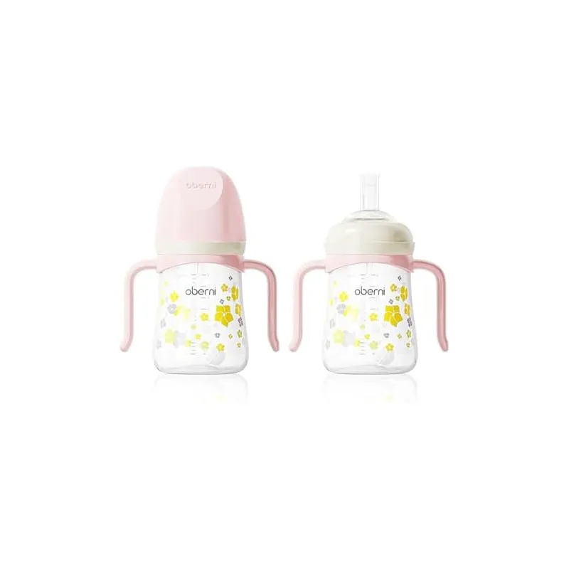 Cană cu pai cu greutate Oberni, 300ml, roz, set 2 bucăți, 6+ luni