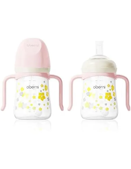Cană cu pai cu greutate Oberni, 300ml, roz, set 2 bucăți, 6+ luni