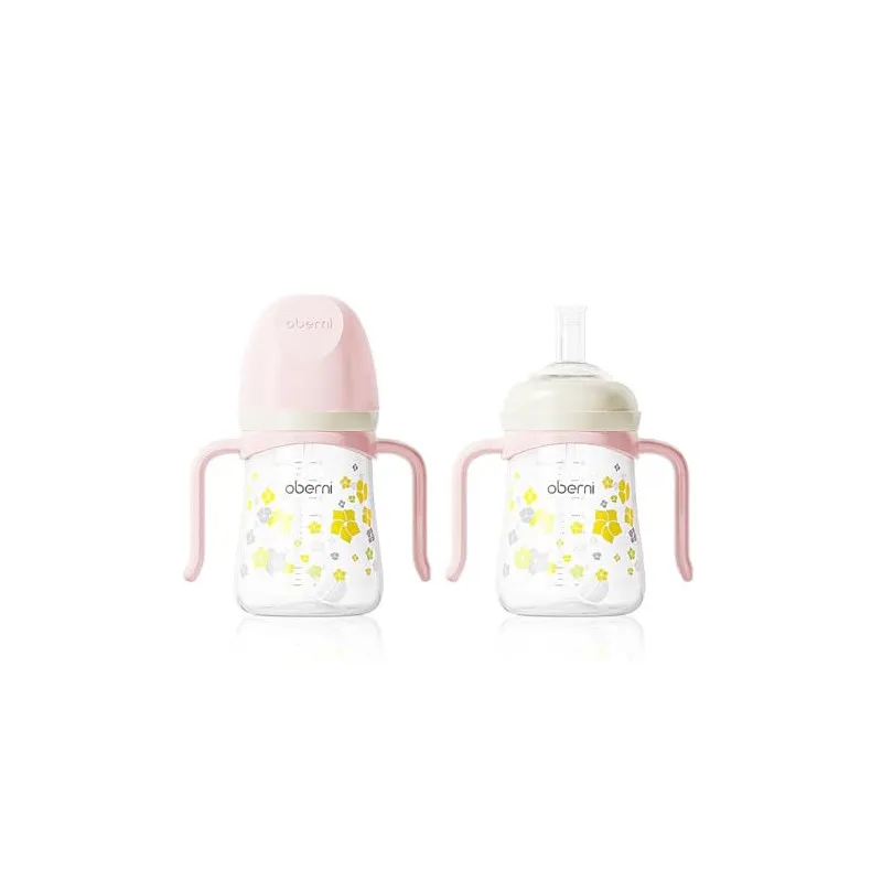 Cană cu pai cu greutate Oberni, 300ml, roz, set 2 bucăți, 6+ luni