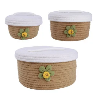 Set 3 Coșuri de Depozitare Rotund Zerodeko, Împletit din Bumbac, cu Capac, Maro Deschis