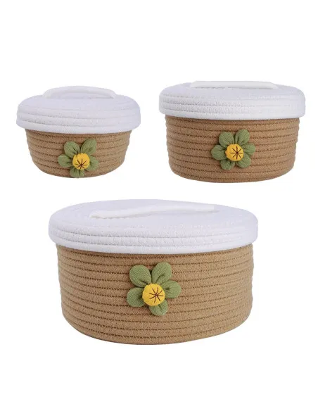 Set 3 Coșuri de Depozitare Rotund Zerodeko, Împletit din Bumbac, cu Capac, Maro Deschis