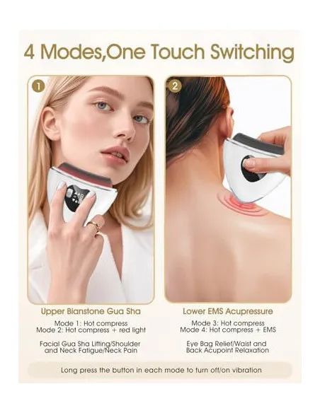 Masaj Facial Electric Gua Sha KIMTAR, EMS cu Încălzire și Vibrații, Piatră Bian Naturală