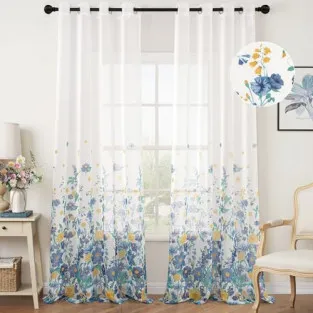 Perdele Voal Floral Woaboy, 140x245 cm, Bleumarin, Set 2 Bucăți