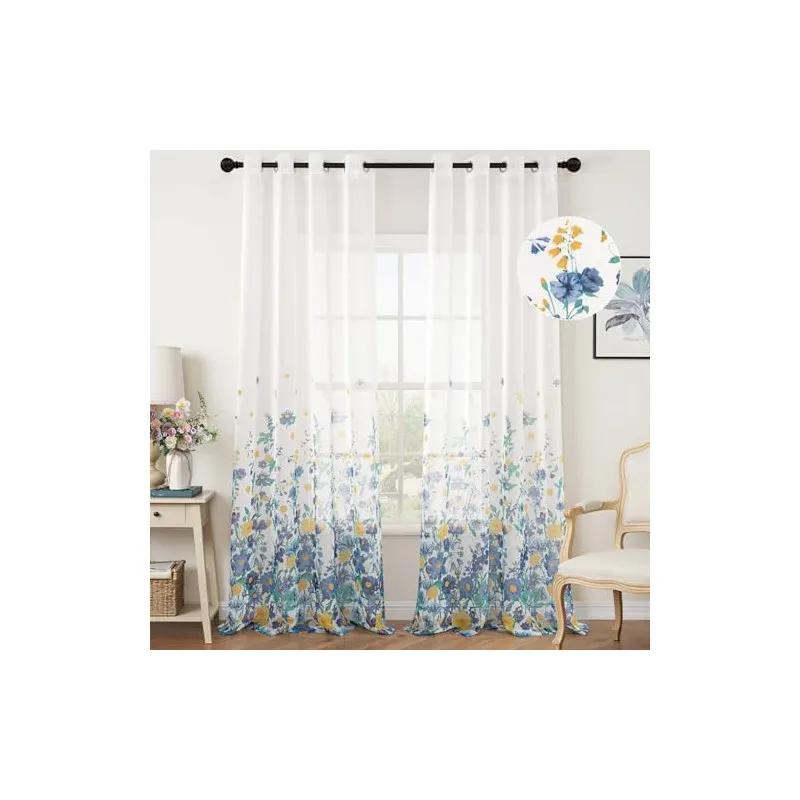 Perdele Voal Floral Woaboy, 140x245 cm, Bleumarin, Set 2 Bucăți