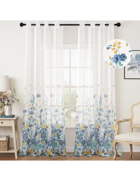 Perdele Voal Floral Woaboy, 140x245 cm, Bleumarin, Set 2 Bucăți
