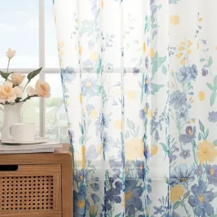 Perdele Voal Floral Woaboy, 140x245 cm, Bleumarin, Set 2 Bucăți 2